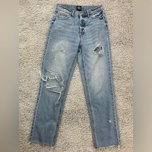 BDG Jeans Womens 25 Slim Straight High Rise Distressed Holes Raw Hem Fray Light